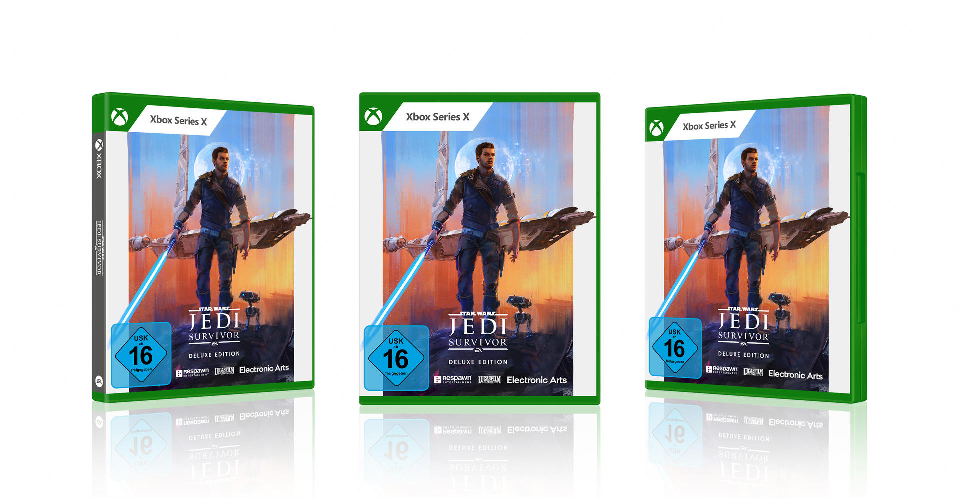 Drei Spielhüllen für Xbox Series X. Das Cover zeigt einen Mann mit Lichtschwert vor einem Raumfahrzeug.