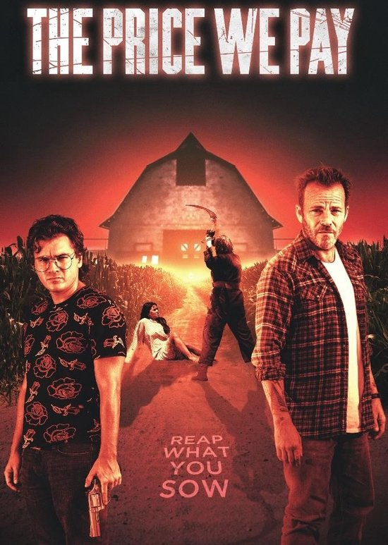 Filmposter met een landelijke scène met drie mensen en de titel 'The Price We Pay'.