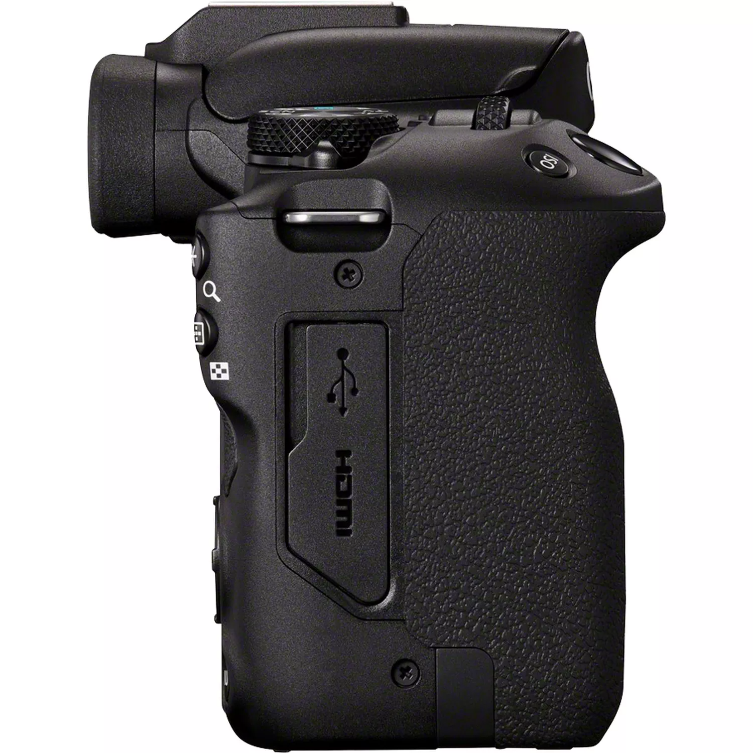 Black camera body side view. Includes buttons, dials, HDMI port, and textured grip, all on a white background.