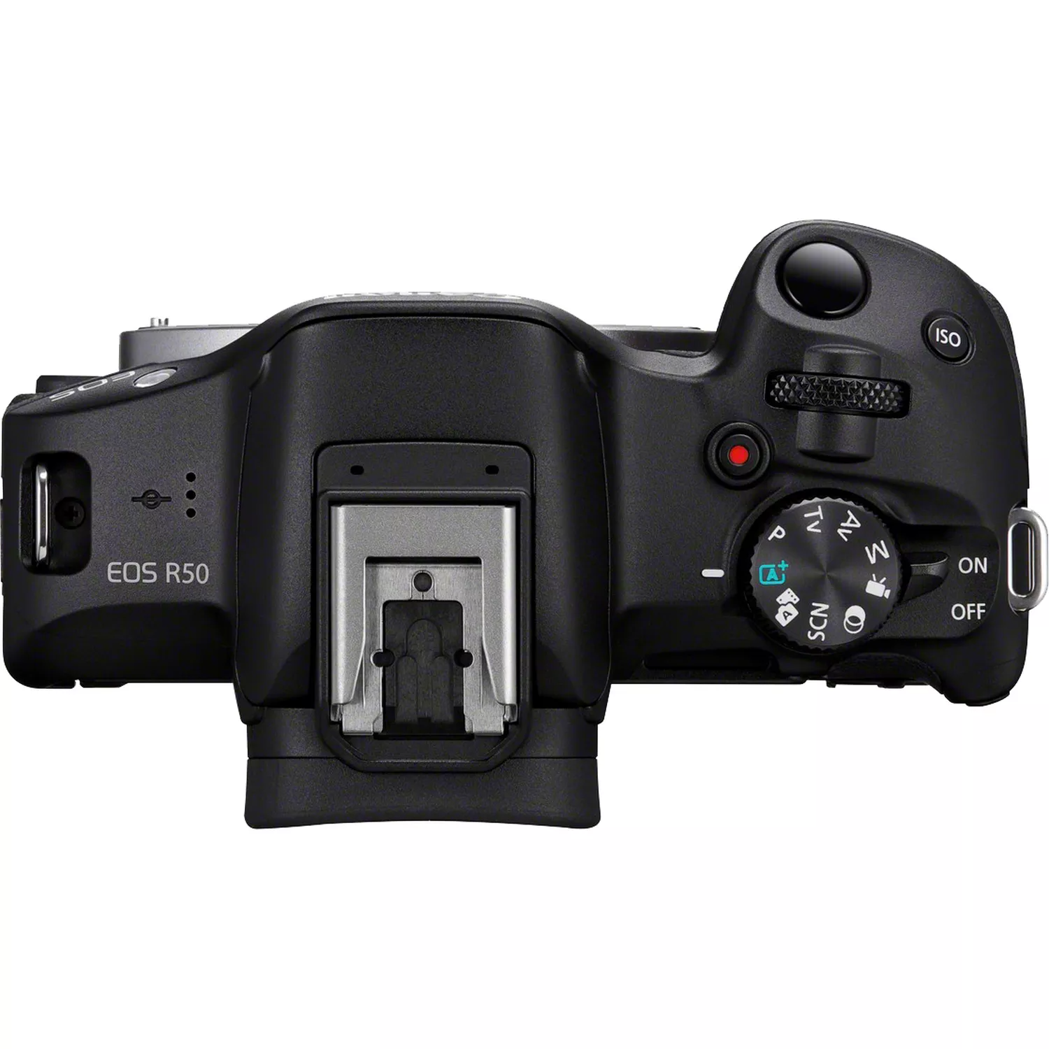 Top view of a black Canon EOS R50 camera.