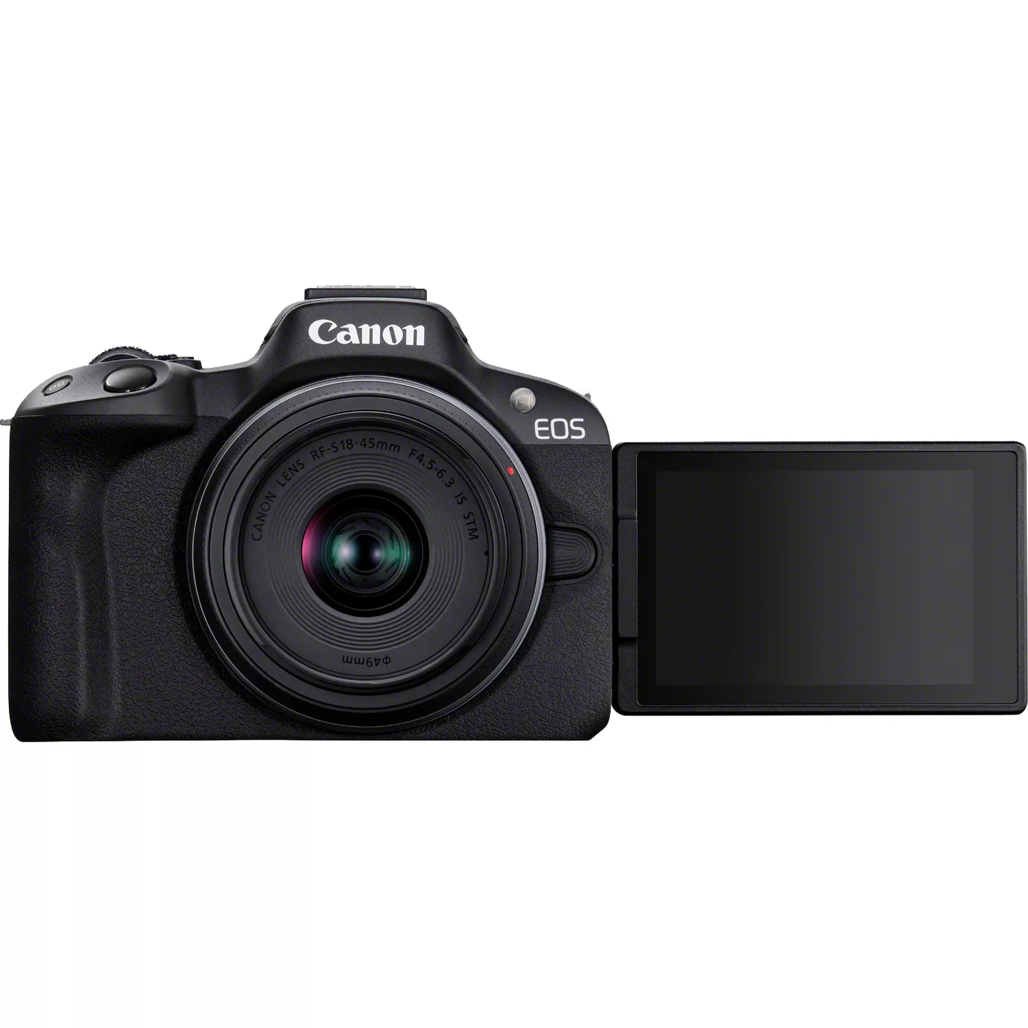 Een zwarte Canon EOS-camera met een lens en uitgeklapt scherm, op een wit oppervlak.