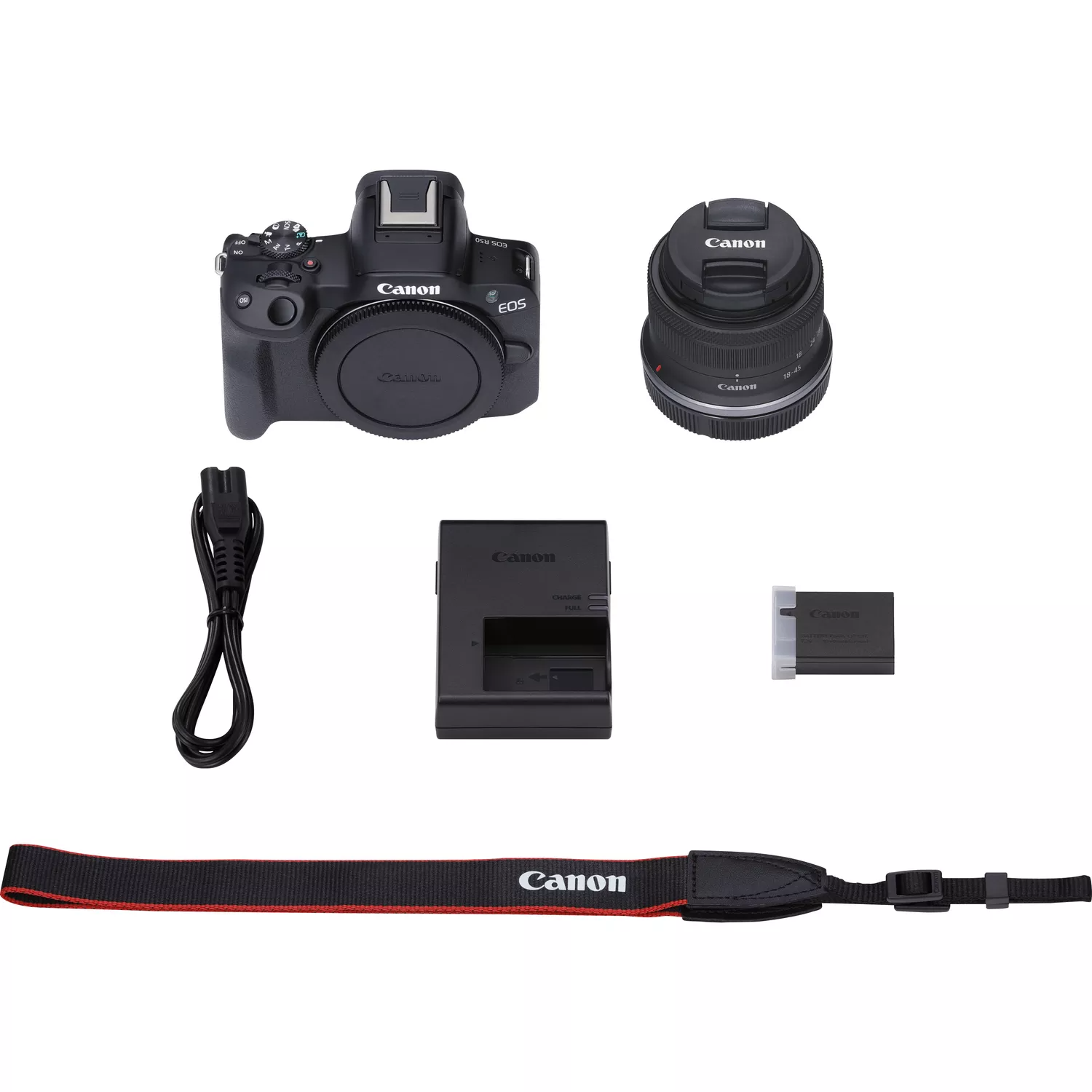 A black Canon camera, lens, charger, battery, and strap are arranged on a white surface.