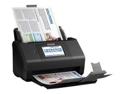 Schwarzer Epson-Scanner mit Papier in den Ablagen und Bildschirm. Weißer Hintergrund.