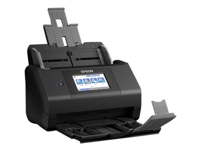 Schwarzer Epson-Scanner mit offenem Dokumenteneinzug, weißer Hintergrund.