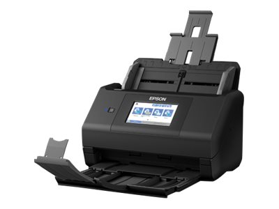 Schwarzer Epson-Scanner mit offenen Fächern. Ein kleiner Bildschirm ist sichtbar. Weißer Hintergrund.