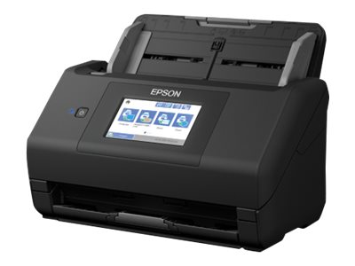 Schwarzer Epson-Scanner. Winkelansicht, zeigt Bedienfeld und Papierfach. Weißer Hintergrund.