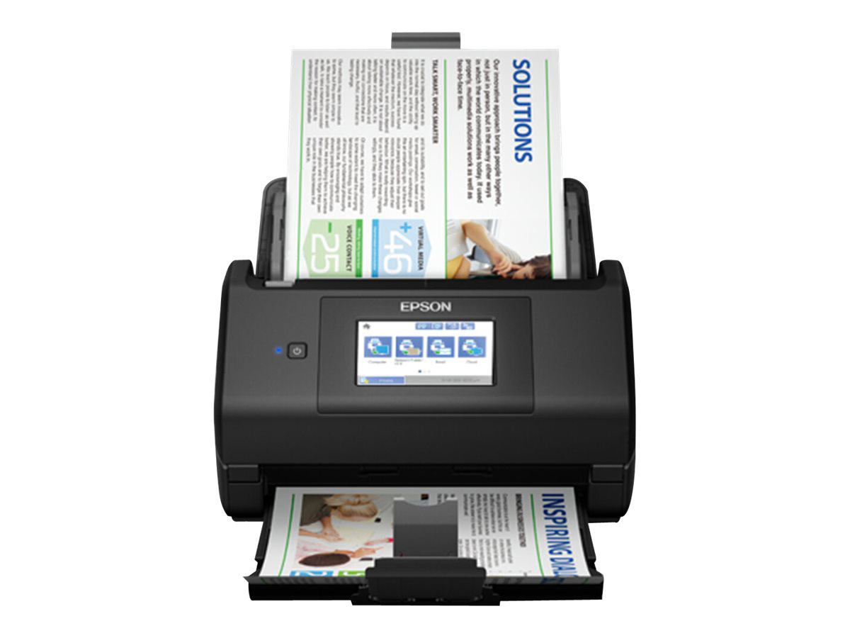 Schwarzer Epson Dokumentenscanner, Papier rein und raus, Bildschirm zeigt Inhalt.