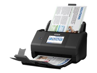 Epson-Scanner mit gescannten Papieren. Bildschirm zeigt Scan-Optionen.