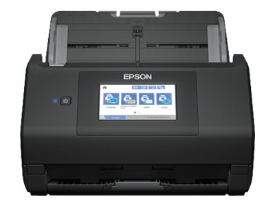 Schwarzer Epson-Scanner mit Bildschirm, weißer Hintergrund.