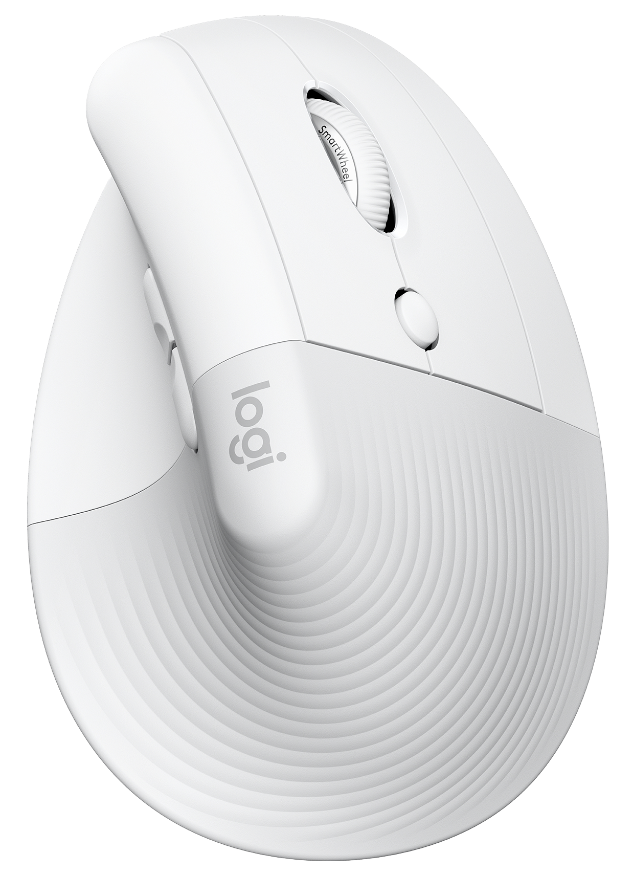 Weiße ergonomische Logitech-Maus mit Scrollrad und Logo. Schwarzer Hintergrund.