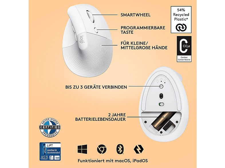 LOGITECH Lift Ergonomische Vertikale Maus, Bluetooth/USB, 4000 DPI, 6 Tasten, Grauweiß — Foto 5 von 5