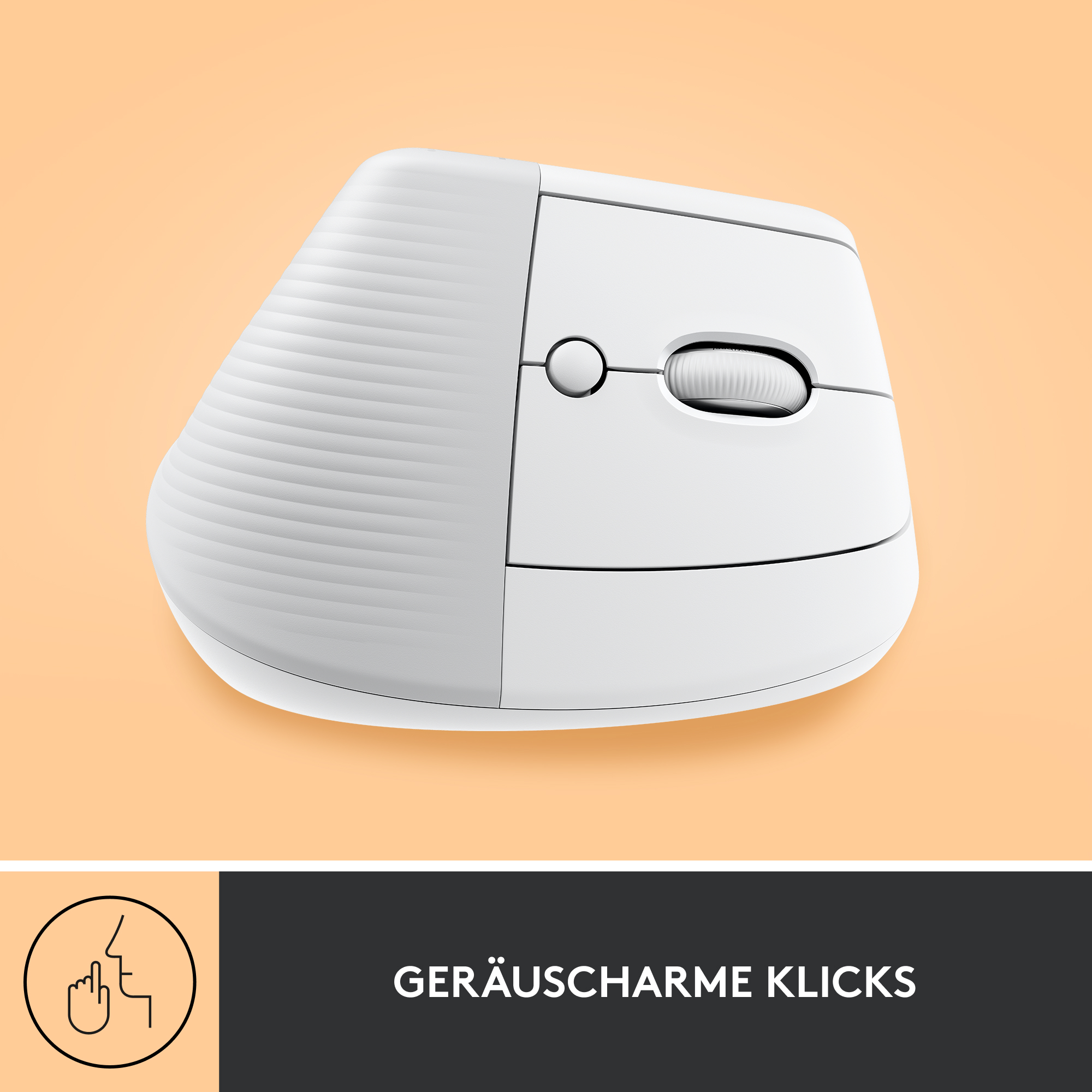 Weiße ergonomische Maus auf orangefarbenem Hintergrund, darunter ein Klicksound-Symbol.