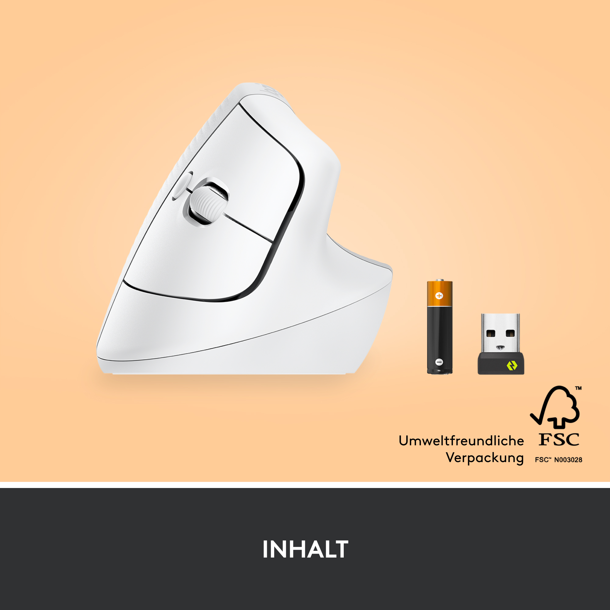 Weiße ergonomische Maus mit Batterien und USB-Empfänger.