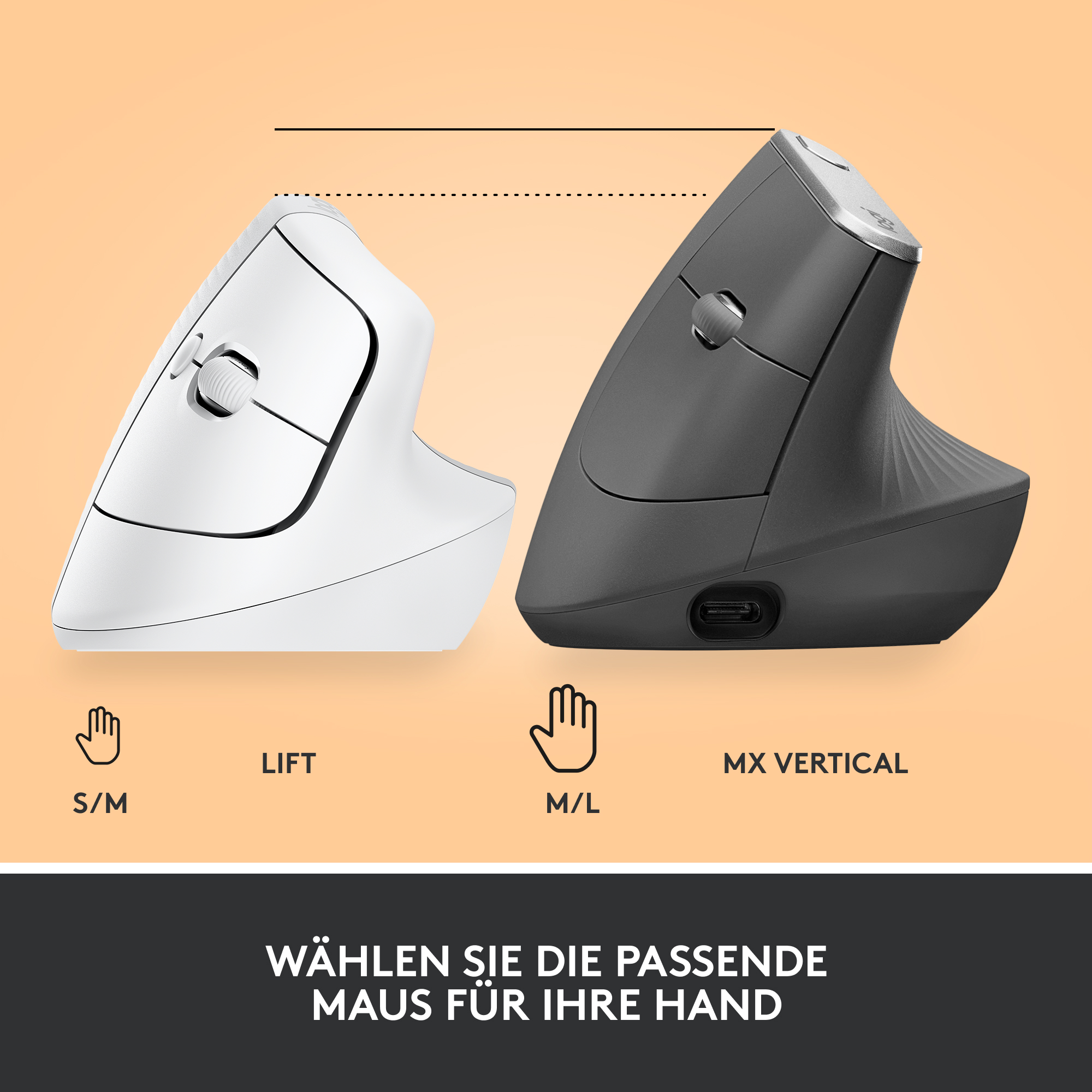 Zwei vertikale ergonomische Computermaus, eine weiße und eine graue. Text sagt: Wähle die passende Maus.