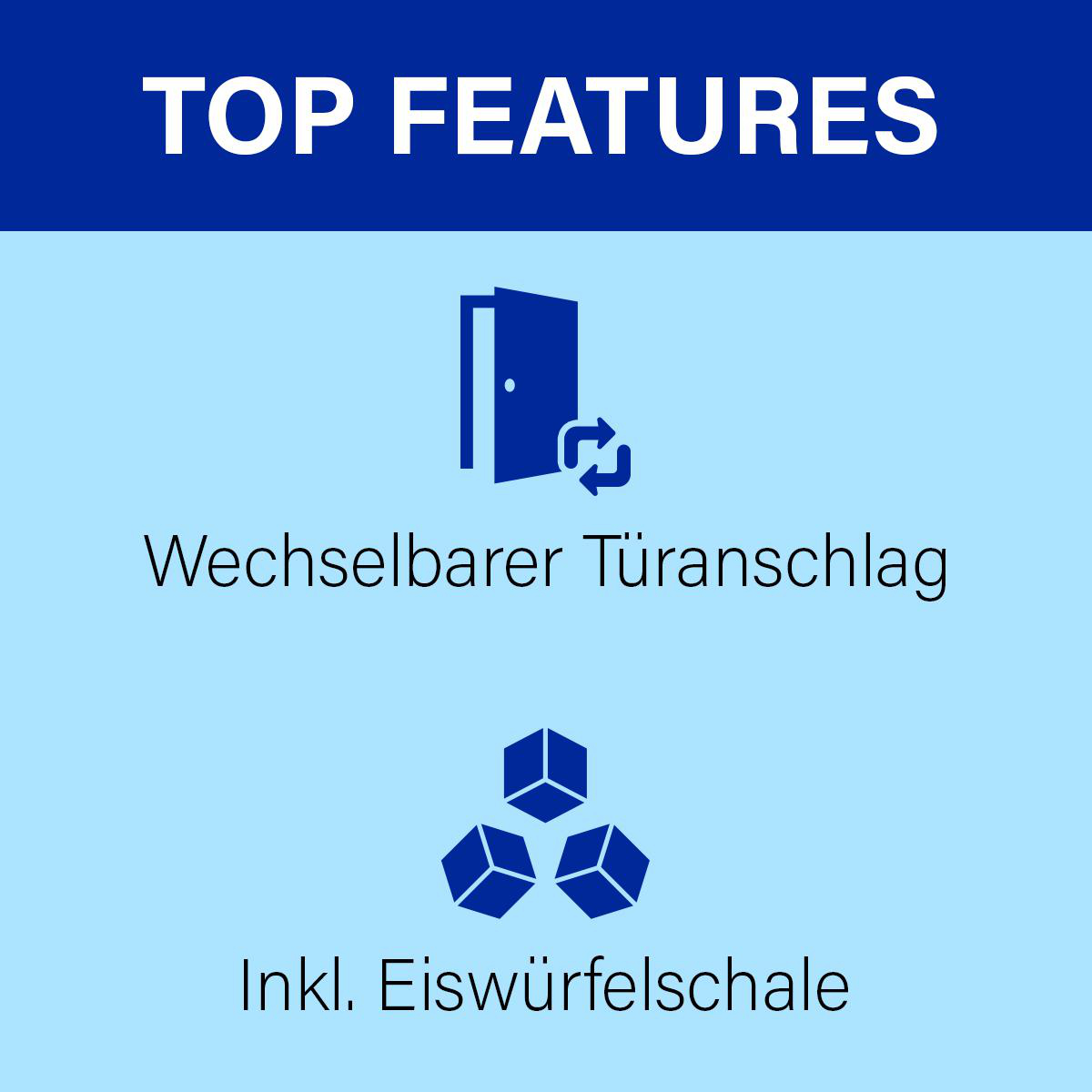 Ein blauer Hintergrund mit weißem Text und Symbolen. Der Text lautet 'Top Features' und beschreibt Funktionen.