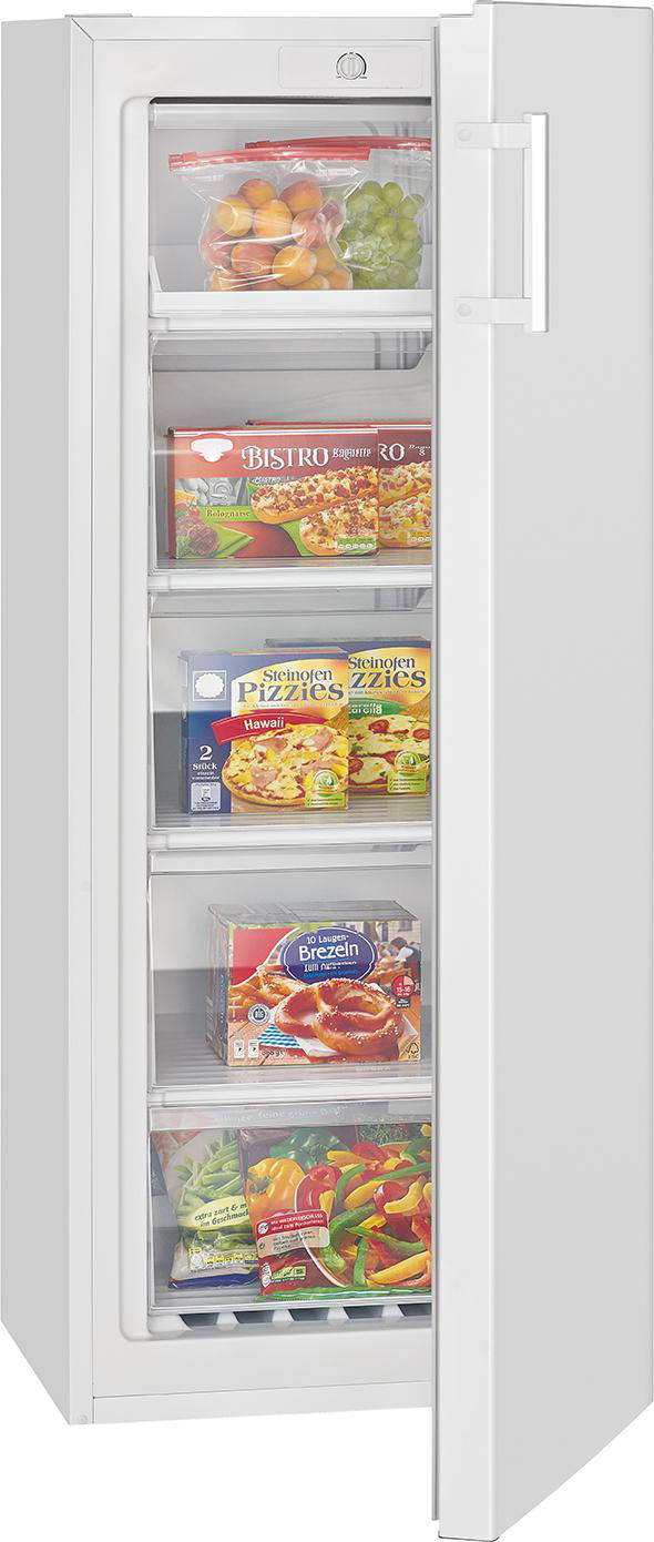 Ein weißer Kühlschrank mit Lebensmitteln auf Regalen.