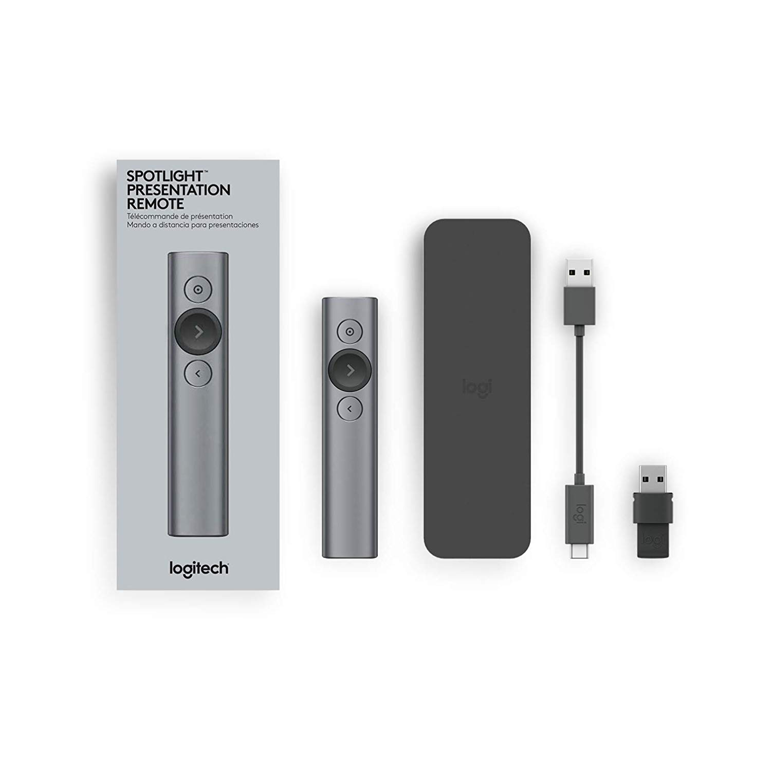 Präsentations-Fernbedienungs-Kit mit Fernbedienung, Empfänger, Ladecase und USB-Dongle.
