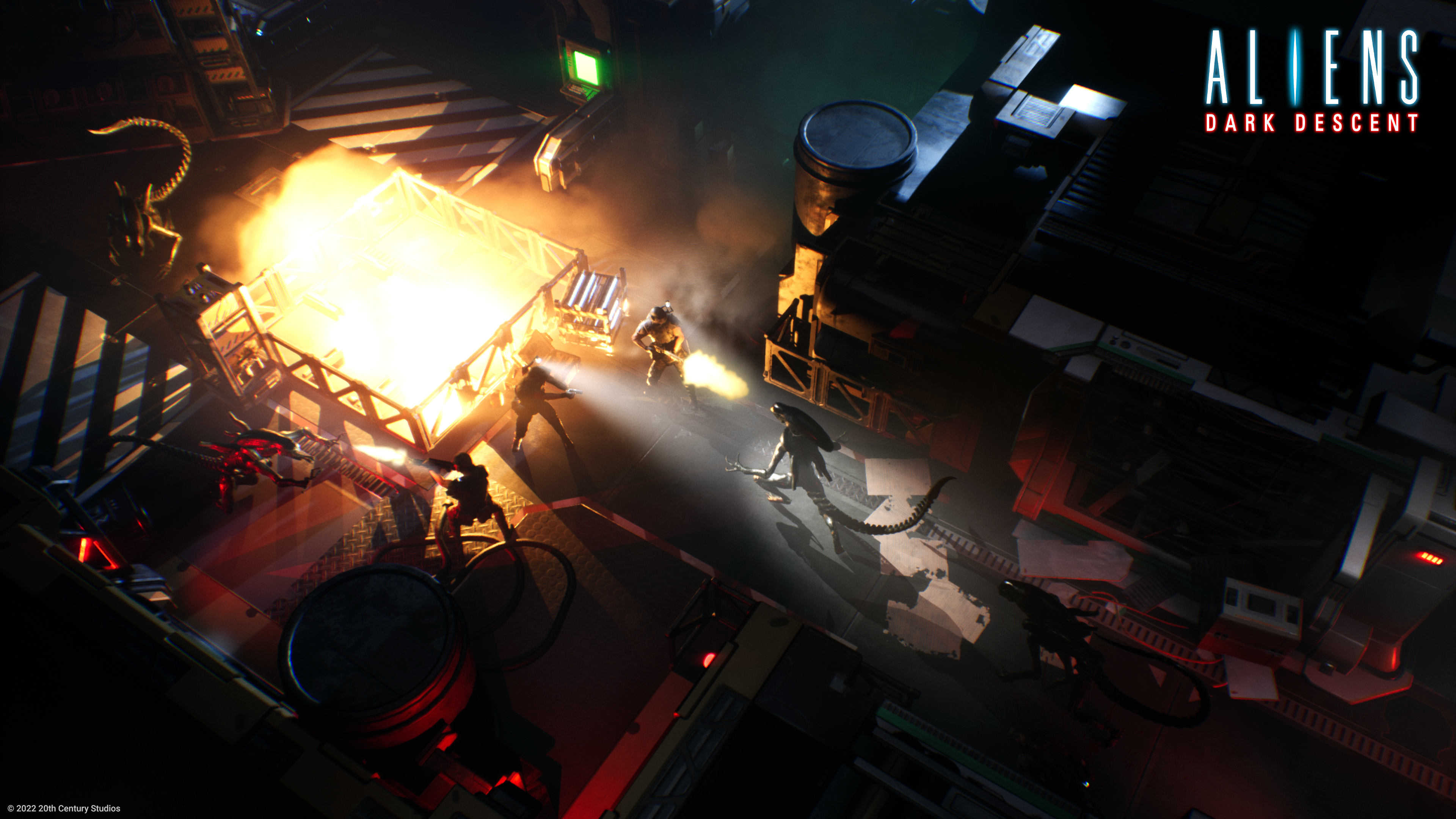 Isometrische Ansicht einer Science-Fiction-Spielszene mit Aliens, Soldaten und Flammen.