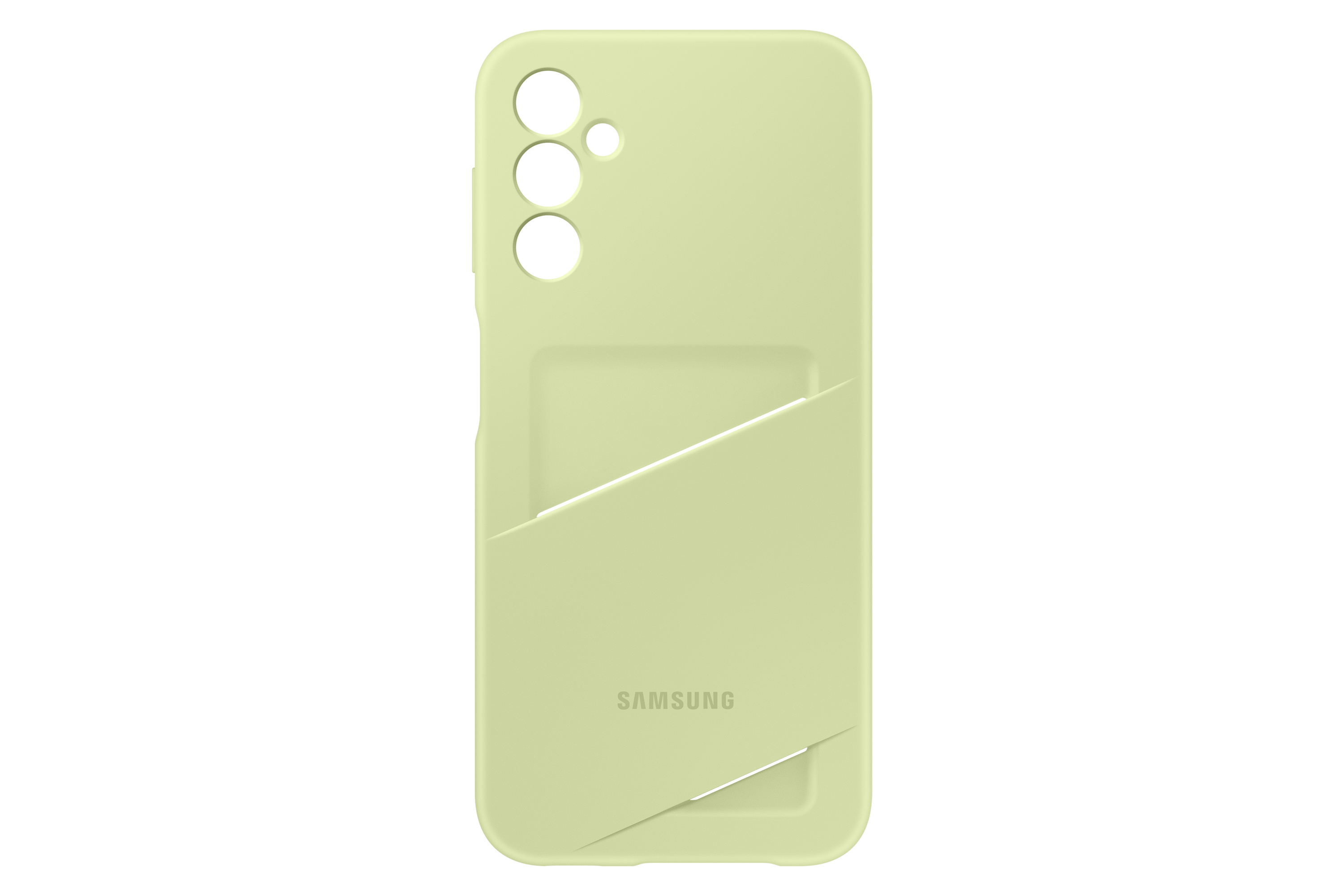 Funda de teléfono verde con ranura para tarjetas y el logotipo de Samsung.