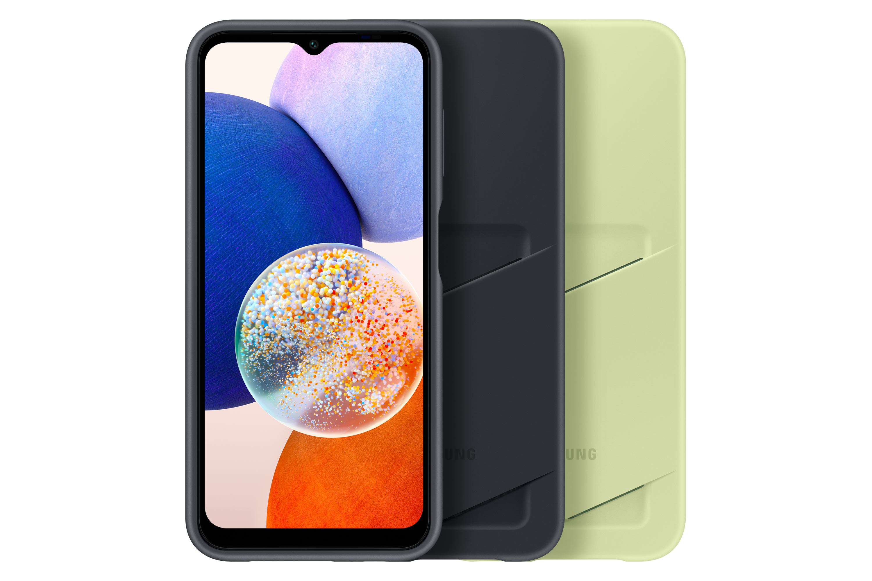 Smartphone con funda verde, cara del teléfono a la izquierda, con dos opciones de funda.