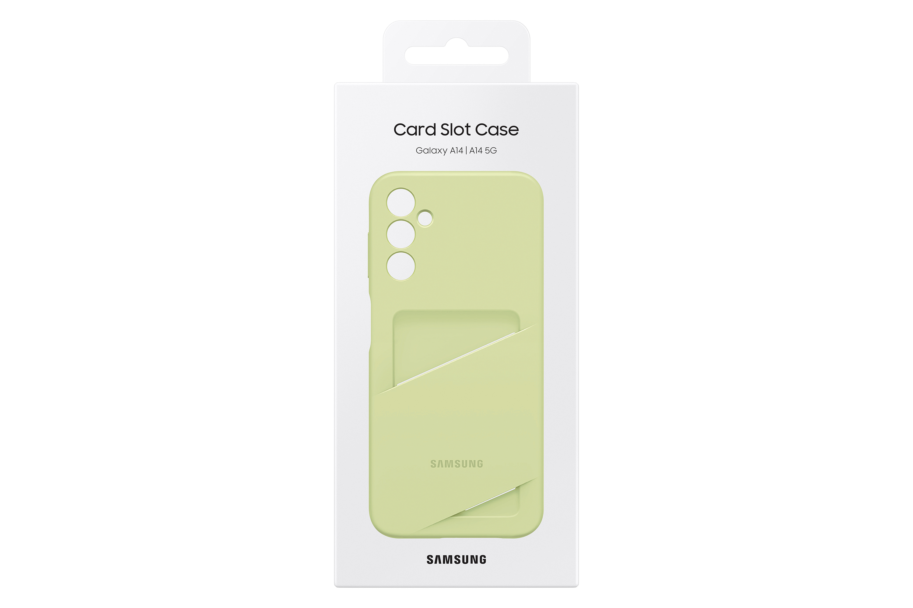Una funda de teléfono verde claro con ranura para tarjeta, en una caja blanca.