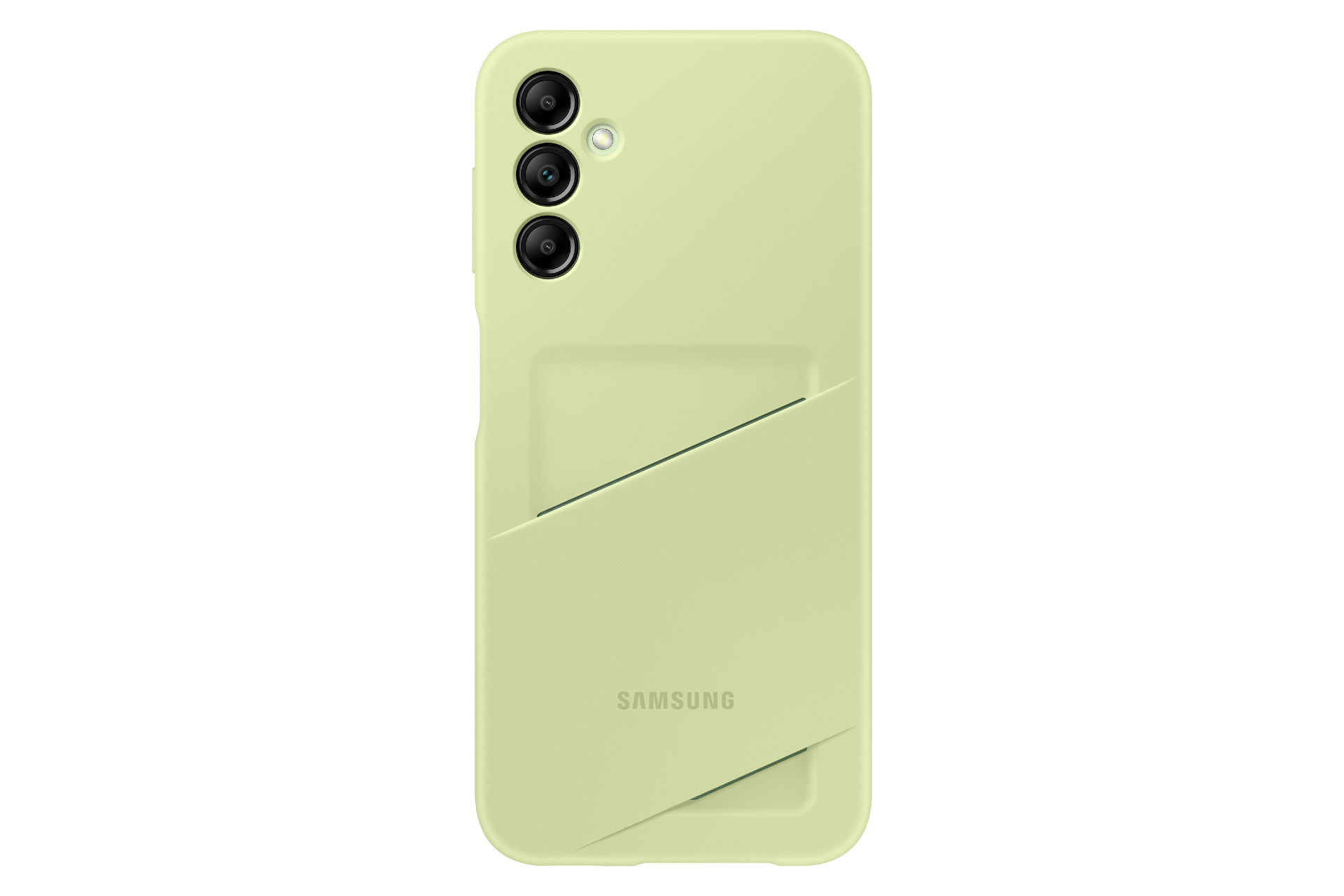 Funda de teléfono verde con lentes de cámara y ranura para tarjeta, fondo negro.