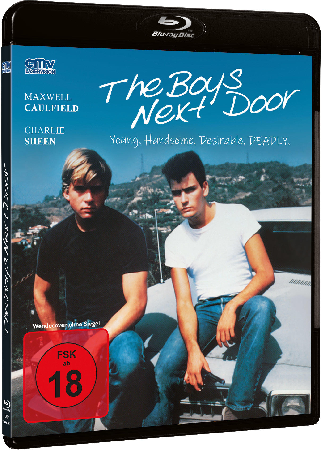 Filmcover von 'The Boys Next Door'. Zwei Männer sitzen auf einem Auto. Text: Jung, gutaussehend, begehrenswert, tödlich.