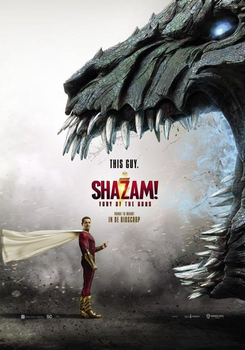 Filmposter voor Shazam! Fury of the Gods, met Shazam en een draak. Tekst in het Engels.