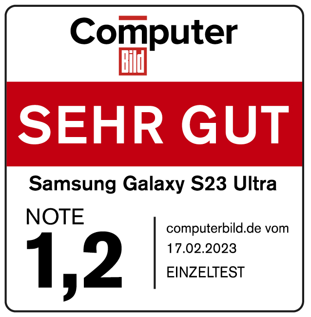 Computer Bild-Abzeichen: Samsung Galaxy S23 Ultra, Bewertung SEHR GUT (1,2).