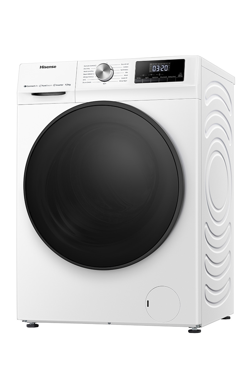 Lavadora Hisense blanca con puerta negra y pantalla digital.