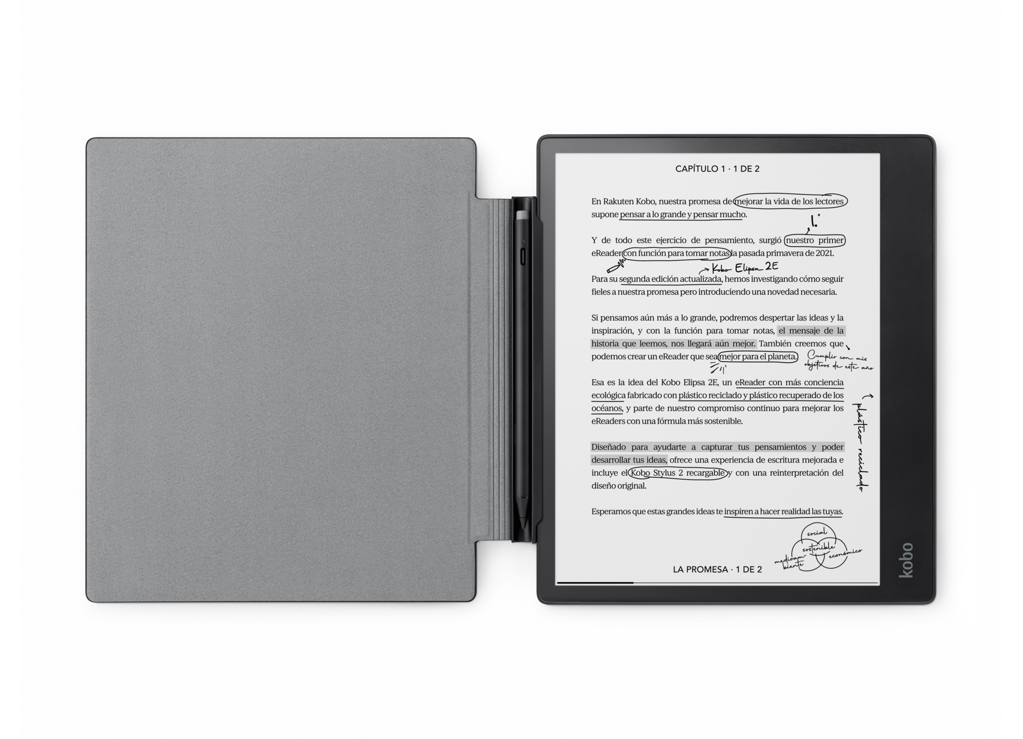Un lector electrónico Kobo abierto con texto, un lápiz óptico y una funda. El fondo es una superficie blanca.