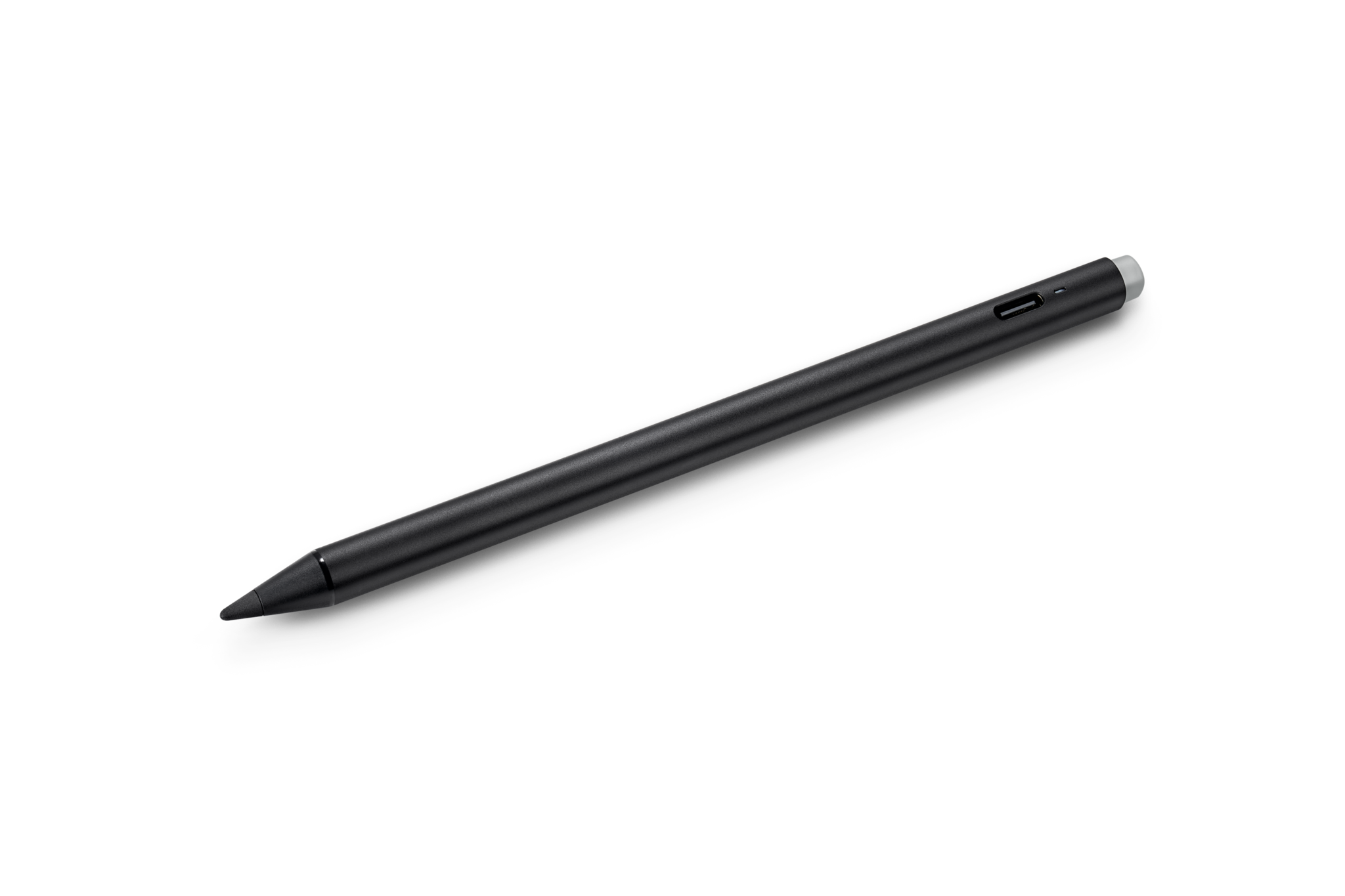 Lápiz óptico negro con punta plateada, aislado sobre fondo negro.