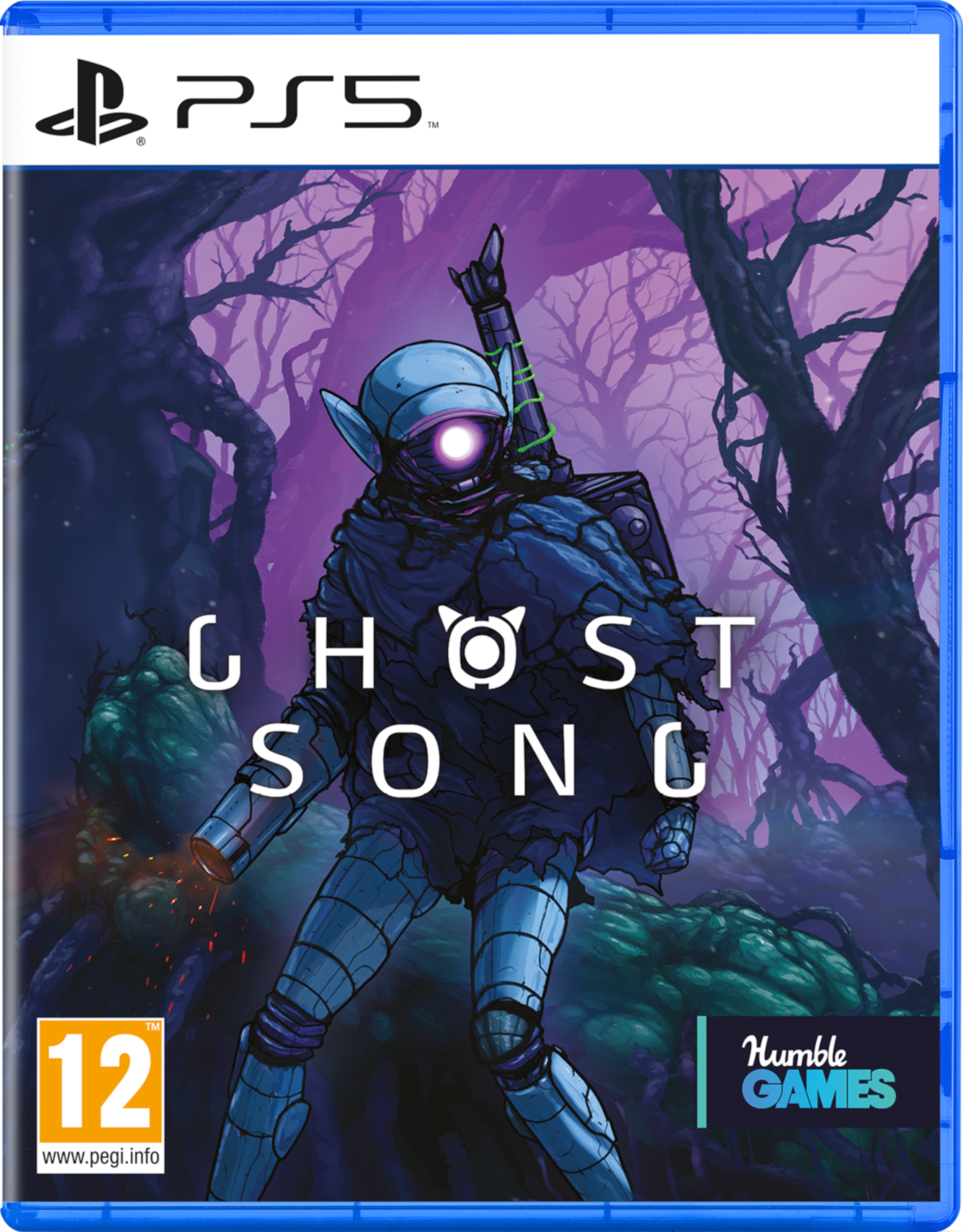 Couverture du jeu PS5 GHOST SONG, avec une figurine de robot dans une forêt sombre.