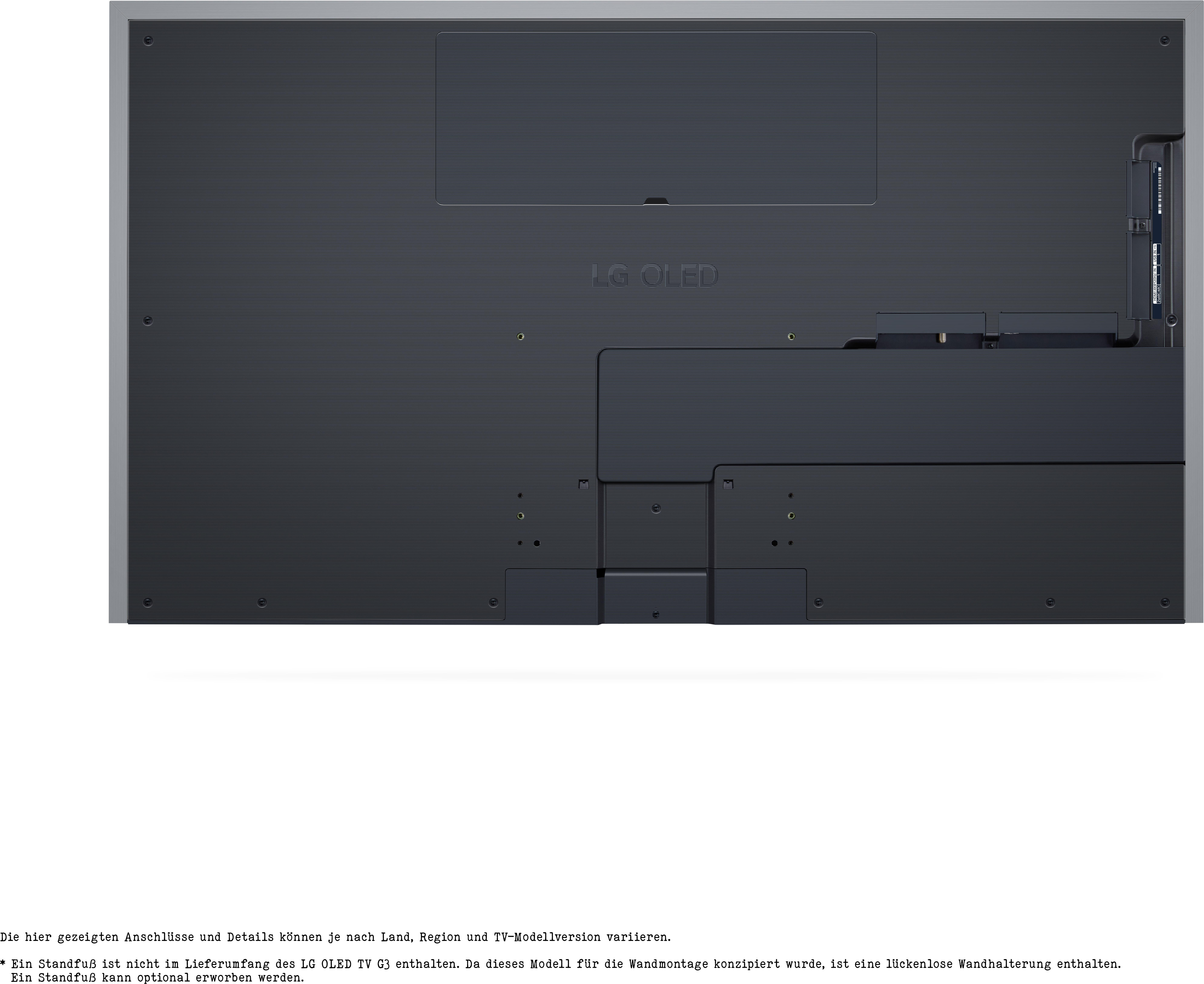 Die Rückseite eines dunklen LG OLED-Fernsehers. Es hat Anschlüsse und Befestigungslöcher. Text ist sichtbar.