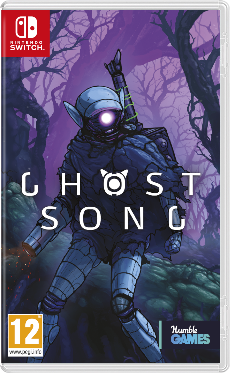 Gamebox voor Ghost Song. Een figuur met een licht op zijn borst staat in een donker bos.
