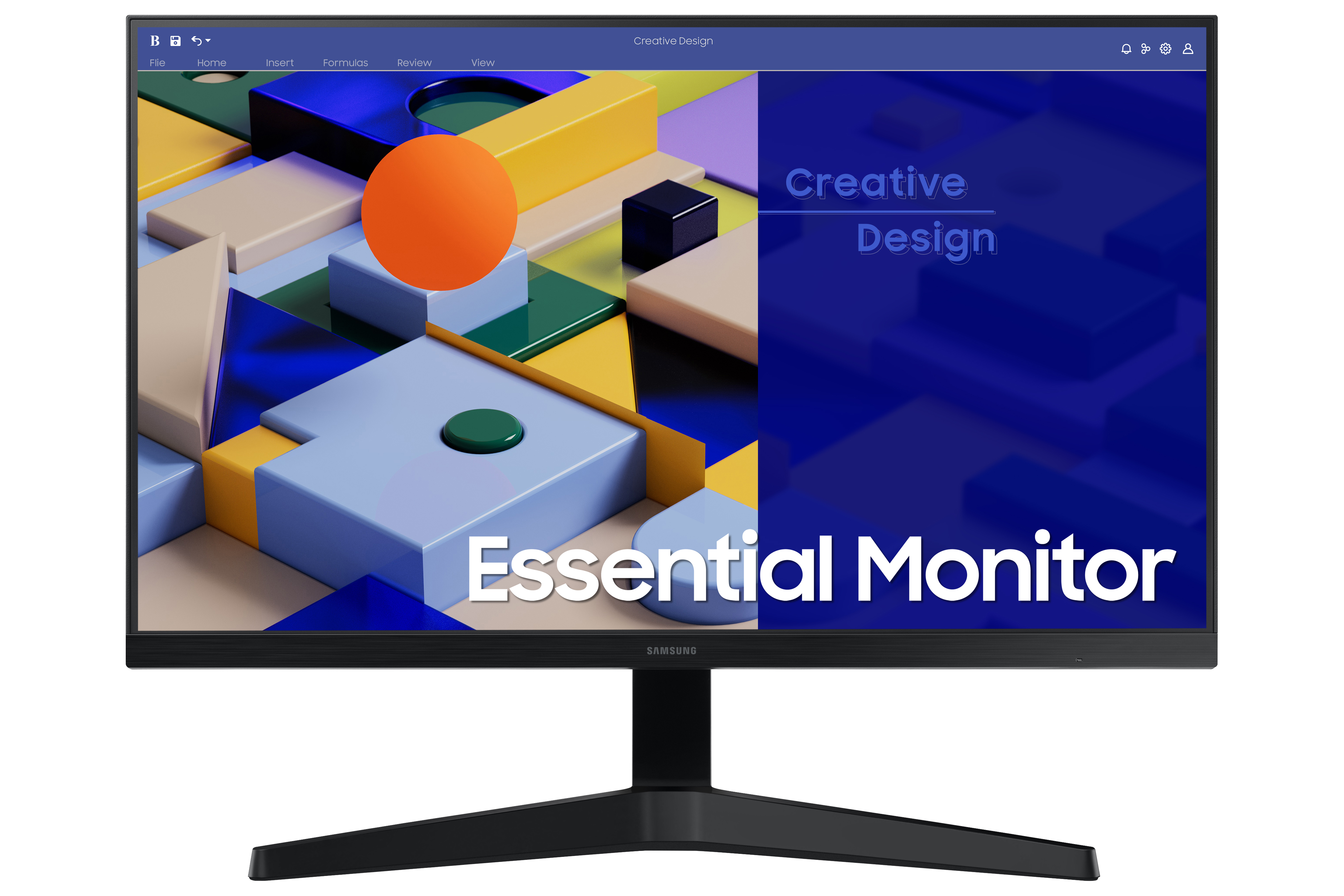 Monitor Samsung mostrando diseño creativo, marco y soporte negros, fondo blanco.