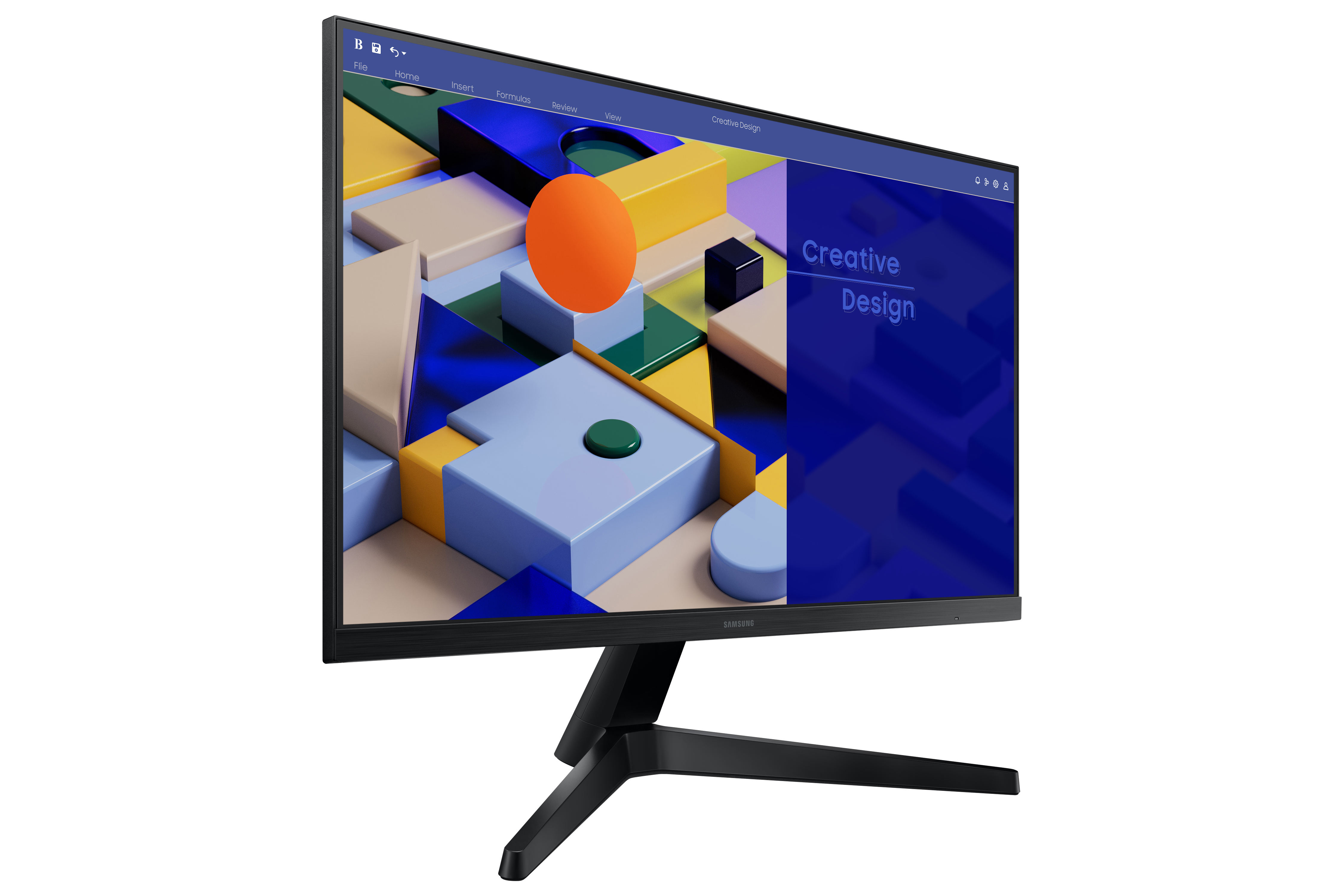Un monitor negro que muestra un diseño colorido. Está sobre un soporte negro sobre un fondo blanco.
