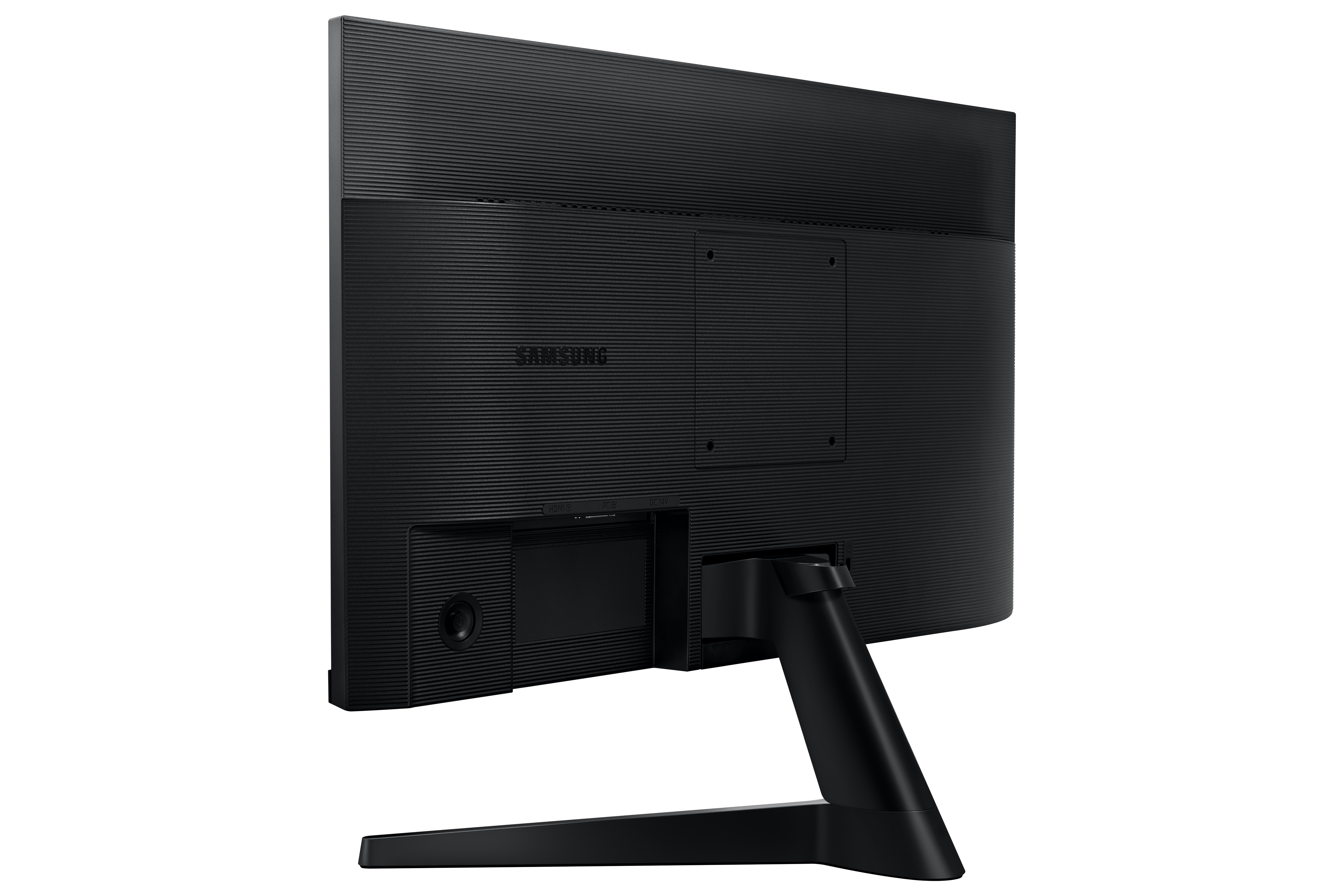 Parte trasera de monitor negro, marca Samsung, con puertos y soporte.