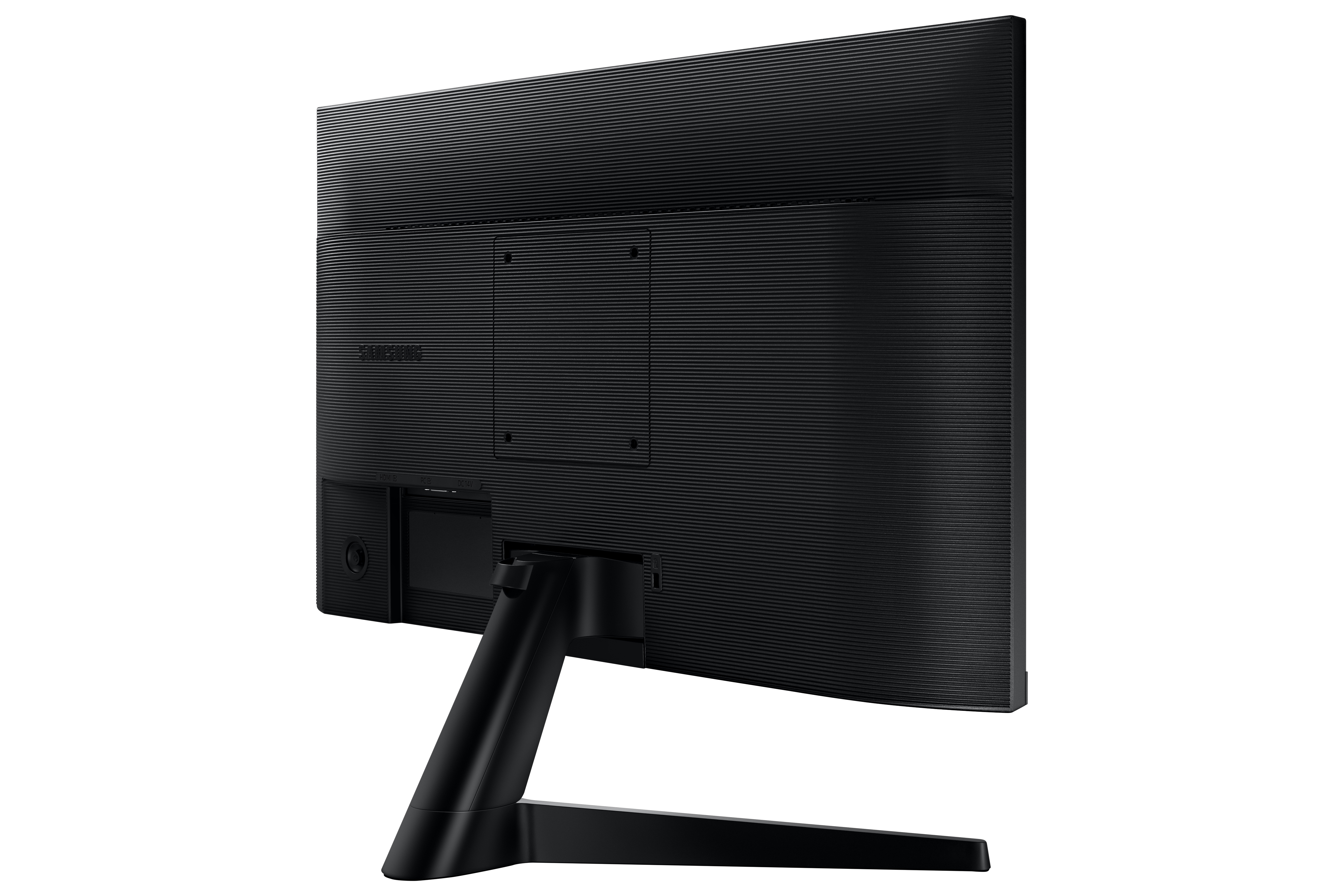 La parte trasera de un monitor de computadora negro con soporte.