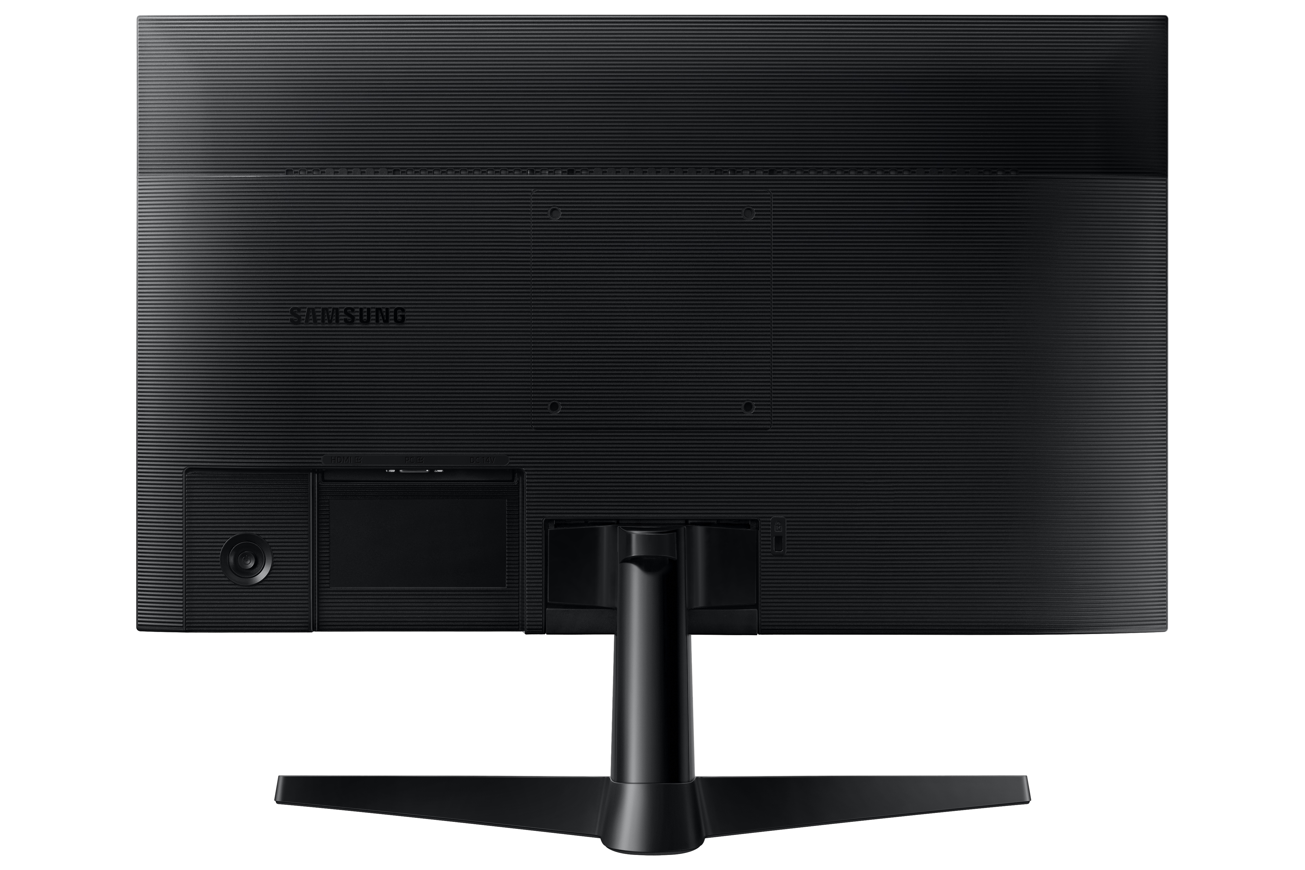 Parte trasera de un monitor Samsung negro, mostrando puertos y conexión del soporte.