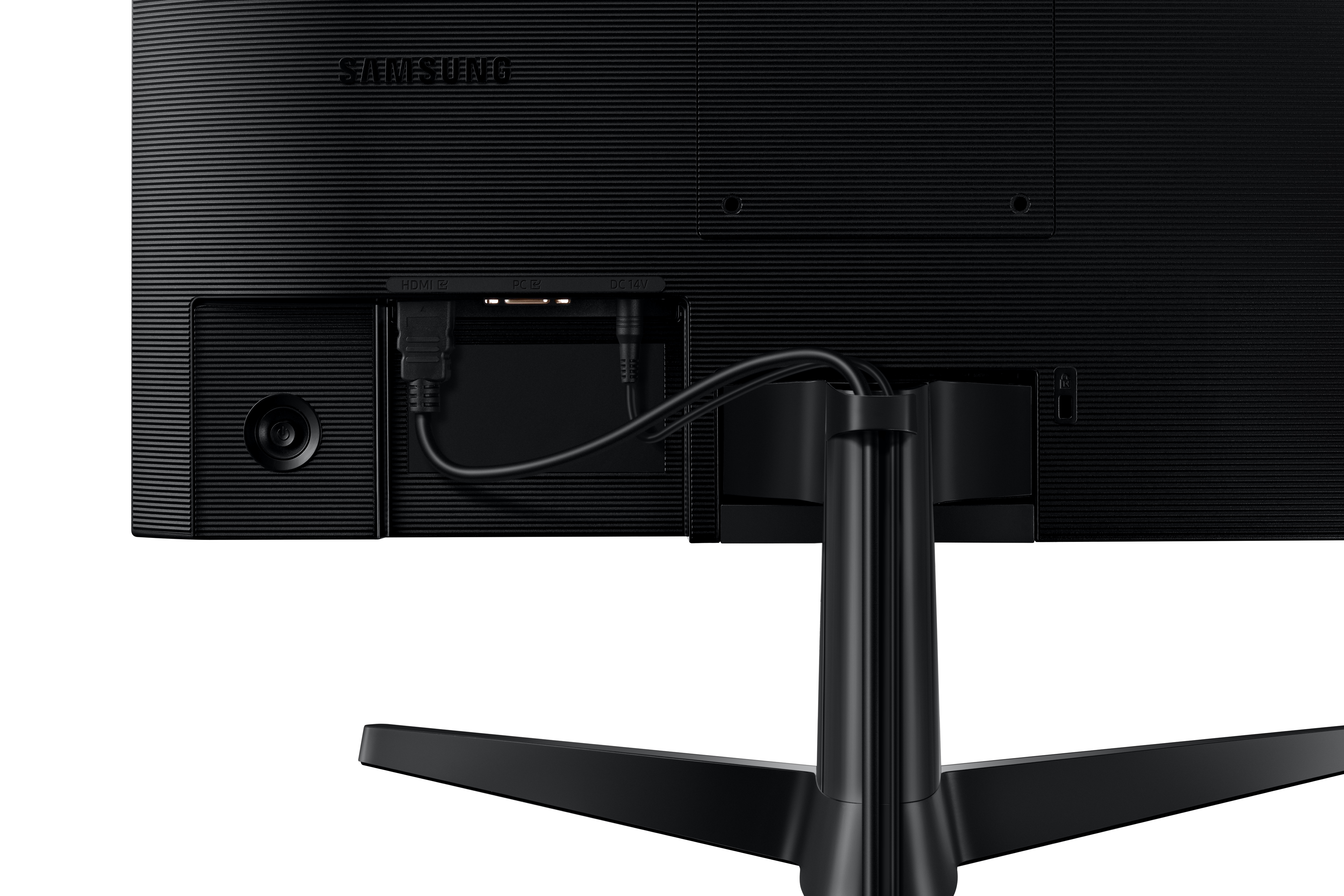 Parte trasera de un monitor Samsung negro, con puertos y soporte. Cables conectados.