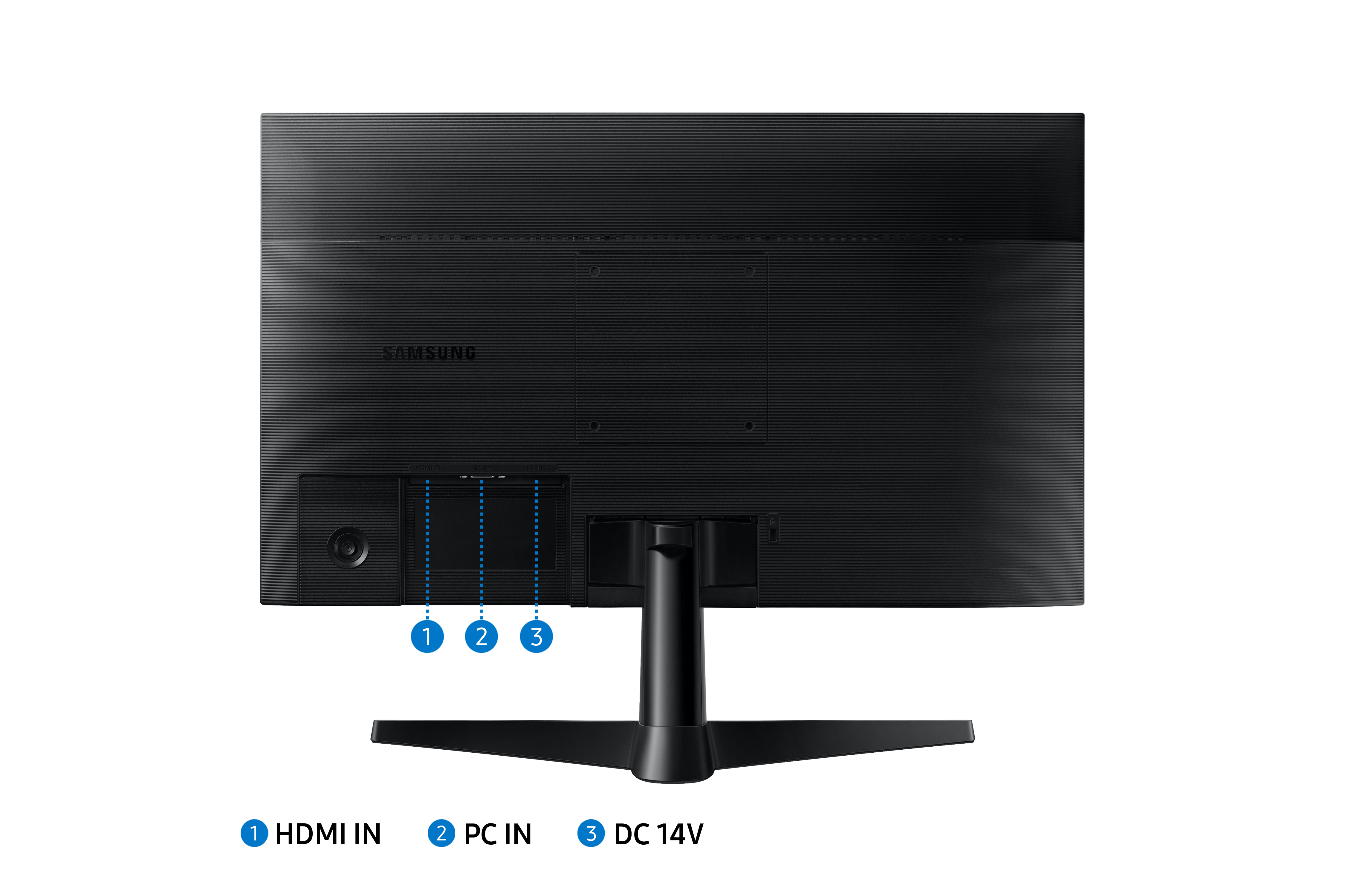 Parte trasera de un monitor Samsung negro con múltiples puertos etiquetados HDMI, PC IN y DC 14V.