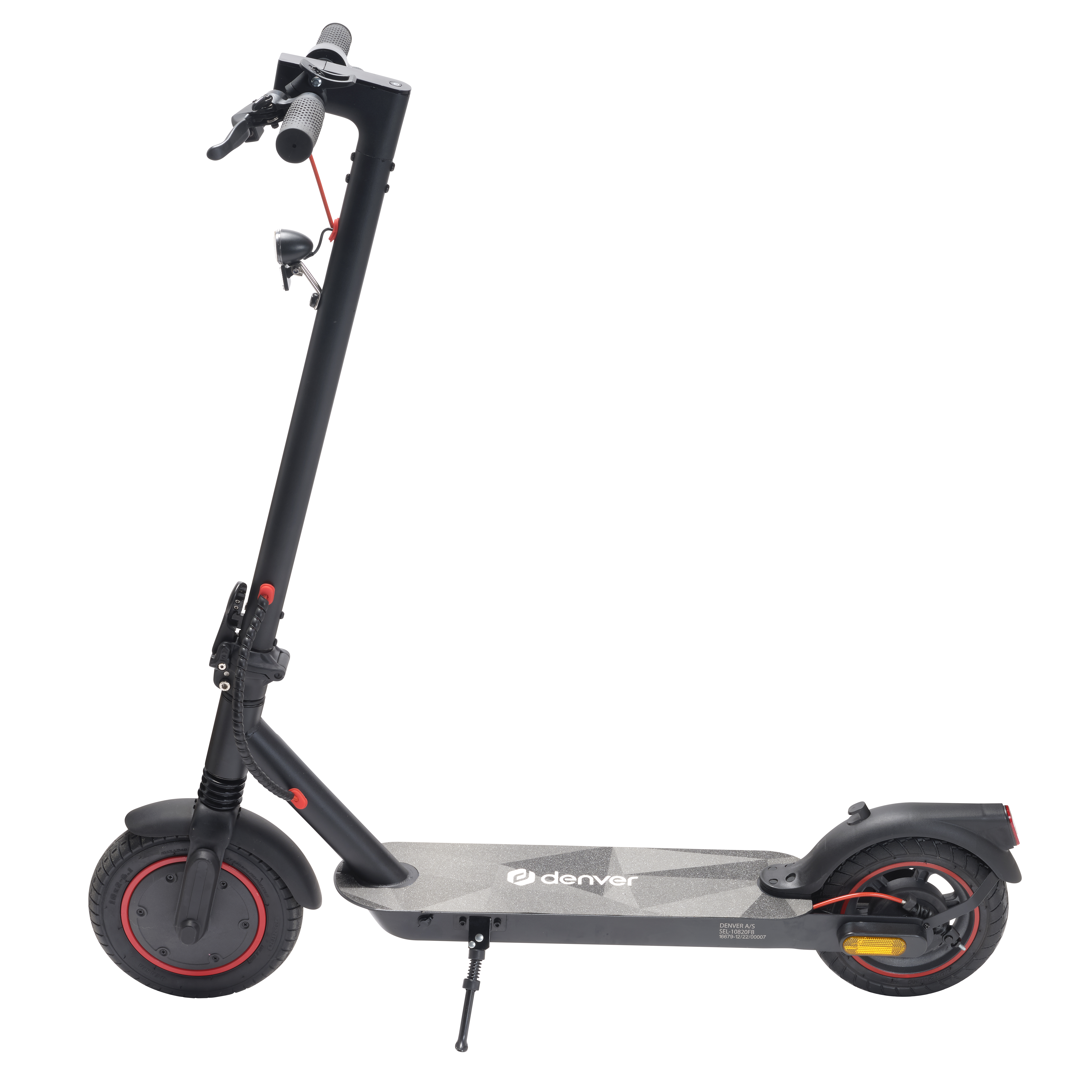 Schwarzer Elektroroller. Er hat rote Akzente an den Rädern. Der Roller steht auf weißem Hintergrund.