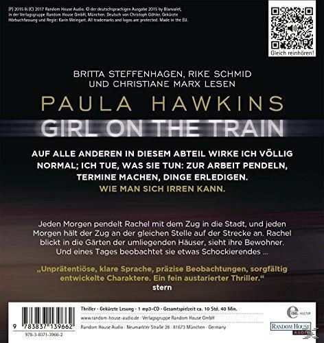 Buchcover mit Text: Girl on the Train, von Paula Hawkins, auf Englisch und Deutsch.