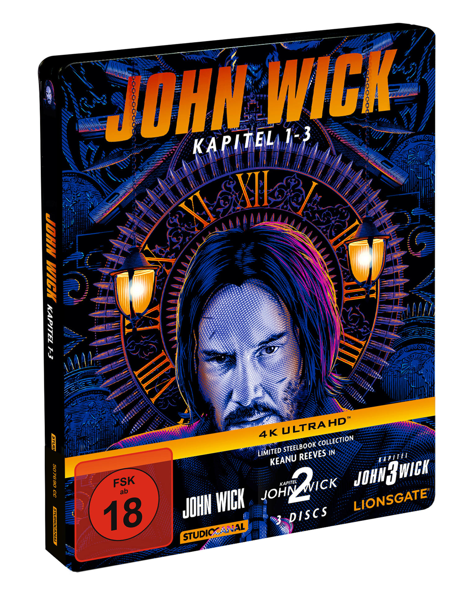 John Wick Film-Boxset auf schwarzem Hintergrund. Mit Keanu Reeves, mit 3 Discs.