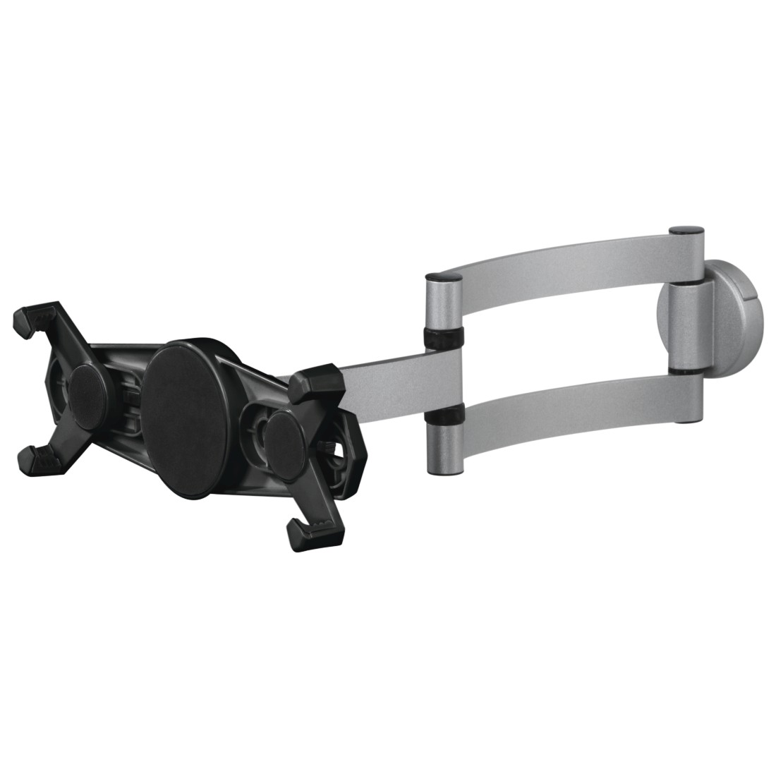 Silber-schwarze Tablet-Wandhalterung, verstellbar und ausgefahren.