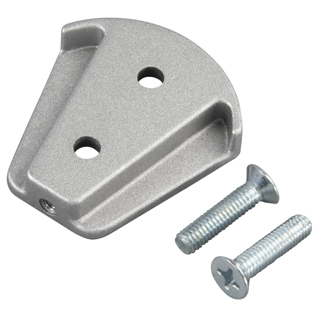 Silberfarbene Metallhalterung mit zwei Schraubenlöchern und zwei Schrauben. Die Halterung ist gebogen.