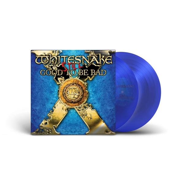 Album borító és két kék bakelit lemez. A borítón a Whitesnake, Good To Be Bad felirat látható. Arany X kék textúrájú háttéren.