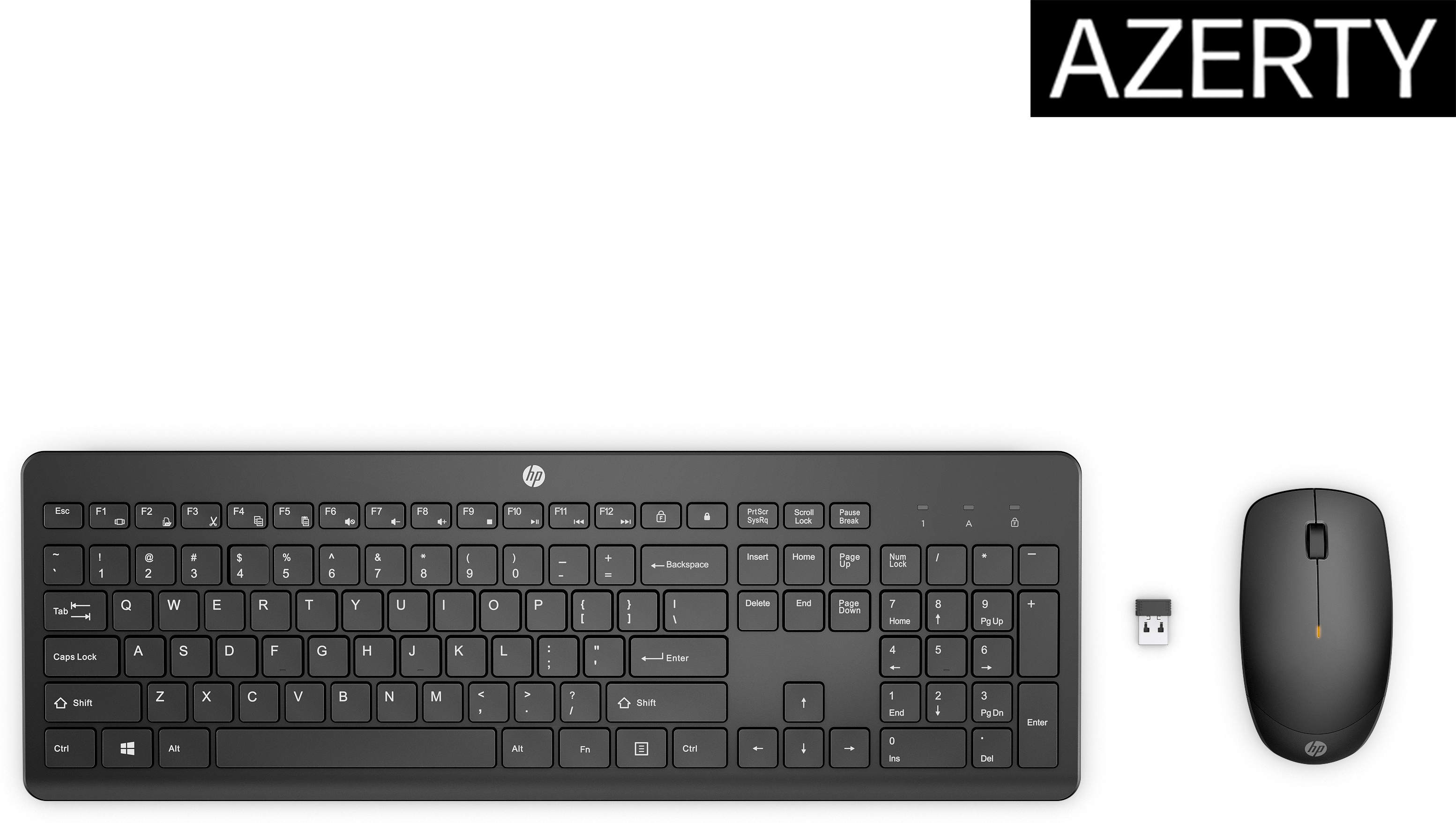 Schwarzes HP-Tastatur- und Maus-Set mit USB-Empfänger. Weißer Hintergrund.