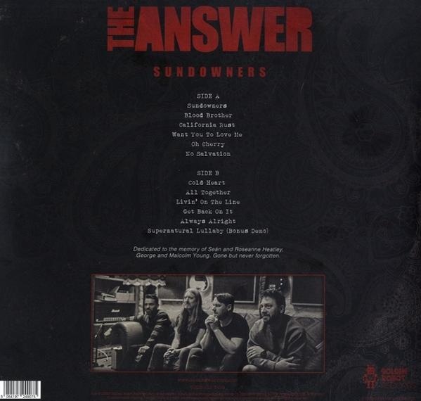 Vinyl-Schallplattencover mit Bandnamen 'THE ANSWER' und Album 'Sundowners'. Trackliste und Bandfoto unten.